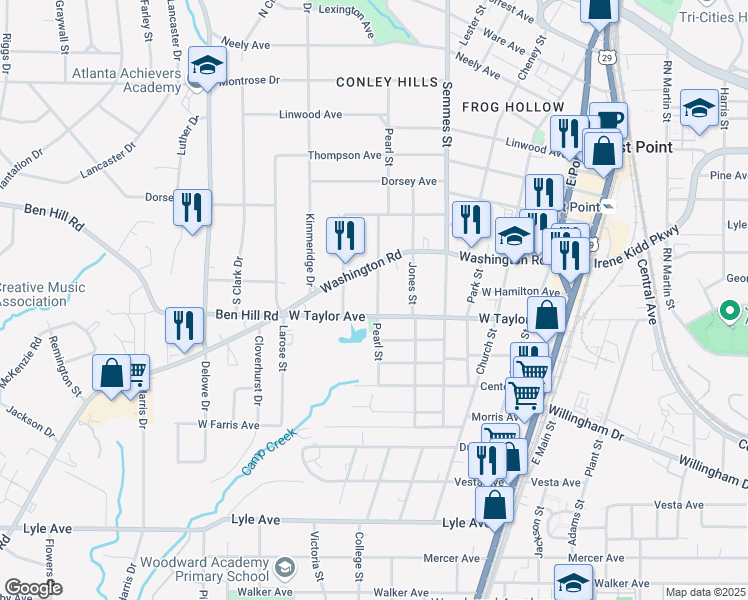 map of restaurants, bars, coffee shops, grocery stores, and more near 1877 West Taylor Avenue in East Point