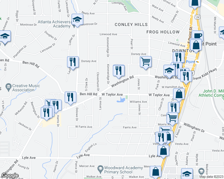 map of restaurants, bars, coffee shops, grocery stores, and more near 1962 Washington Road in East Point