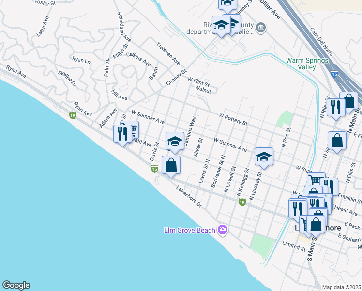 map of restaurants, bars, coffee shops, grocery stores, and more near 207 Campus Way in Lake Elsinore