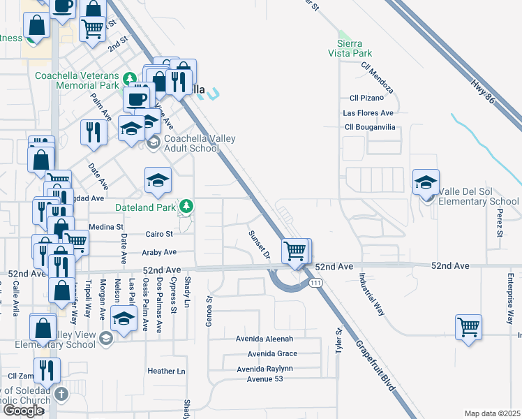 map of restaurants, bars, coffee shops, grocery stores, and more near 50529 Grapefruit Boulevard in Coachella