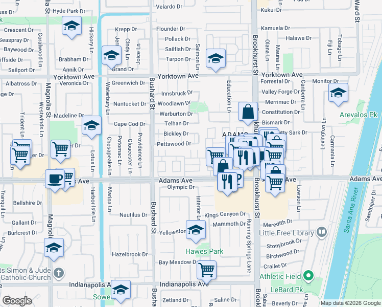 map of restaurants, bars, coffee shops, grocery stores, and more near 19858 Leighton Lane in Huntington Beach