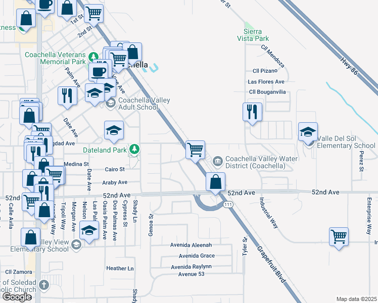 map of restaurants, bars, coffee shops, grocery stores, and more near 50529 Grapefruit Boulevard in Coachella