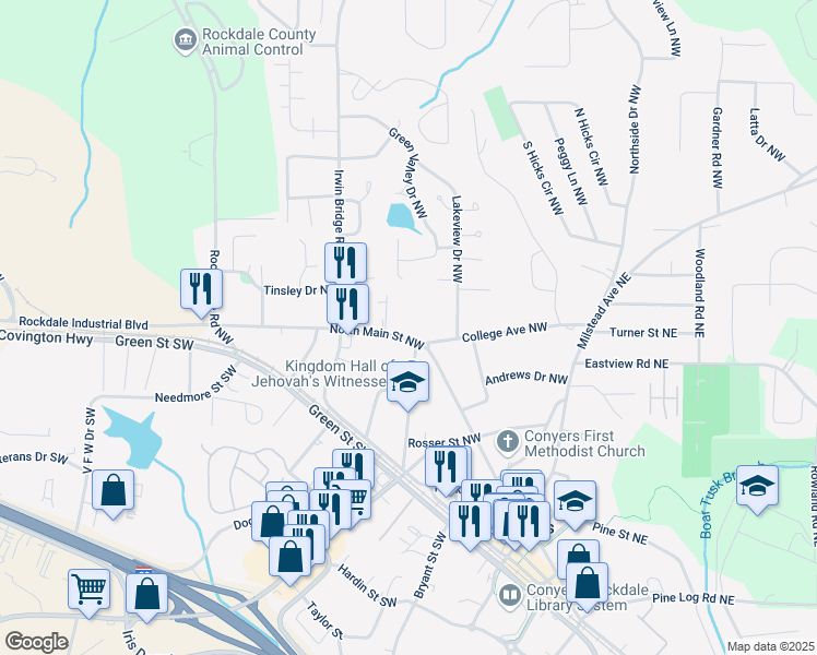 map of restaurants, bars, coffee shops, grocery stores, and more near 1045 North Main Street Northwest in Conyers