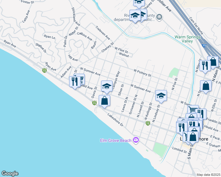 map of restaurants, bars, coffee shops, grocery stores, and more near 207 Campus Way in Lake Elsinore