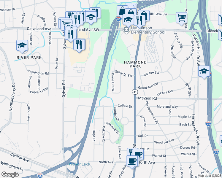 map of restaurants, bars, coffee shops, grocery stores, and more near 2963 Diana Drive Southwest in Atlanta
