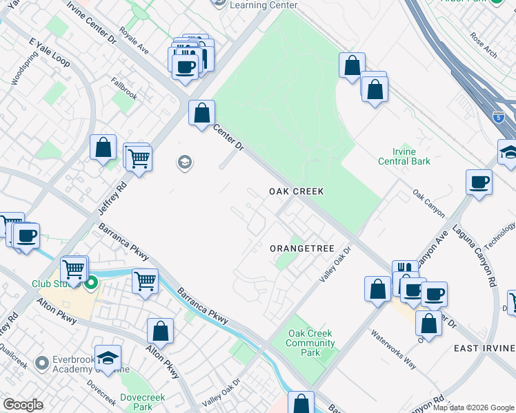 map of restaurants, bars, coffee shops, grocery stores, and more near 411 Tarocco in Irvine