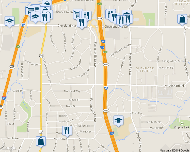 map of restaurants, bars, coffee shops, grocery stores, and more near 2959 Forrest Hills Dr SW in Atlanta