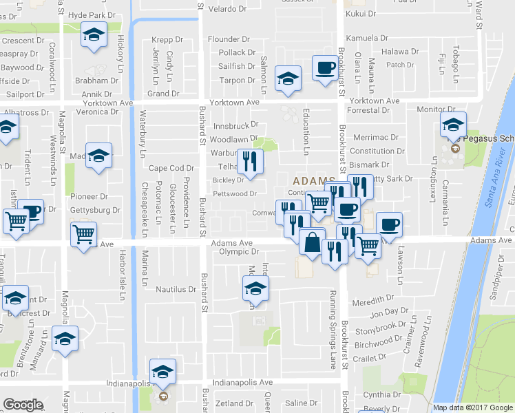 map of restaurants, bars, coffee shops, grocery stores, and more near 19858 Leighton Lane in Huntington Beach
