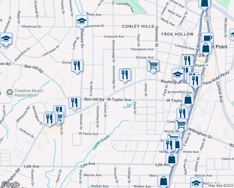 map of restaurants, bars, coffee shops, grocery stores, and more near 61 West Taylor Avenue in East Point