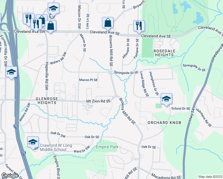 map of restaurants, bars, coffee shops, grocery stores, and more near 2949 Browns Mill Road Southeast in Atlanta