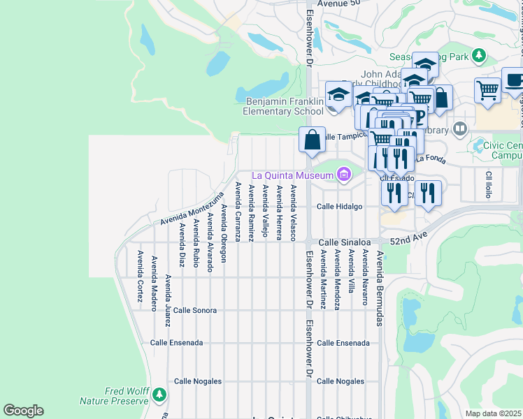 map of restaurants, bars, coffee shops, grocery stores, and more near 77575 Calle Hidalgo in La Quinta