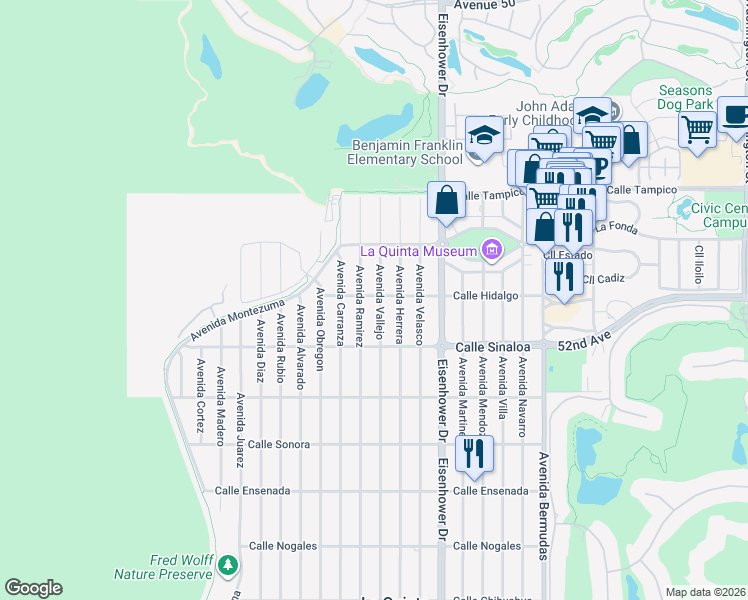 map of restaurants, bars, coffee shops, grocery stores, and more near 77575 Calle Hidalgo in La Quinta