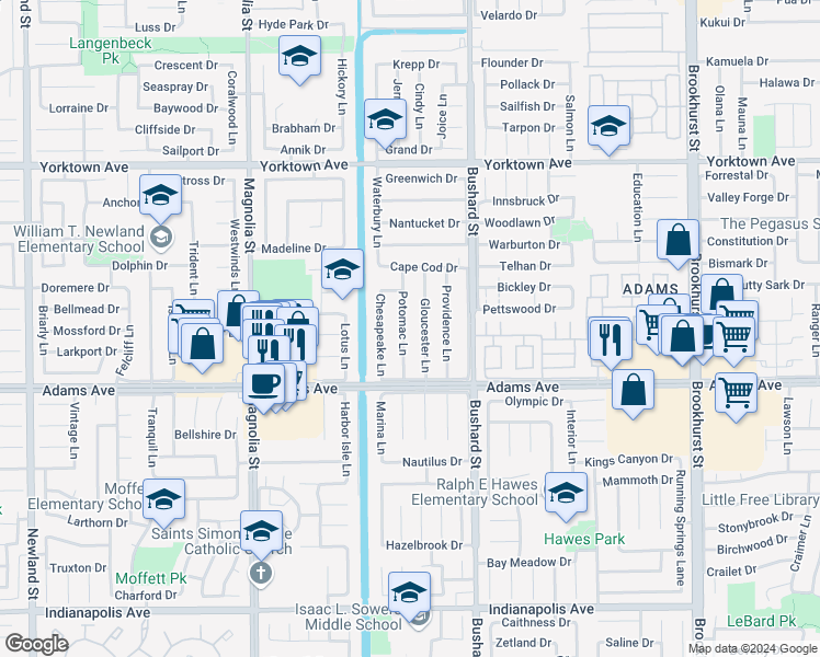 map of restaurants, bars, coffee shops, grocery stores, and more near 19852 Potomac Lane in Huntington Beach