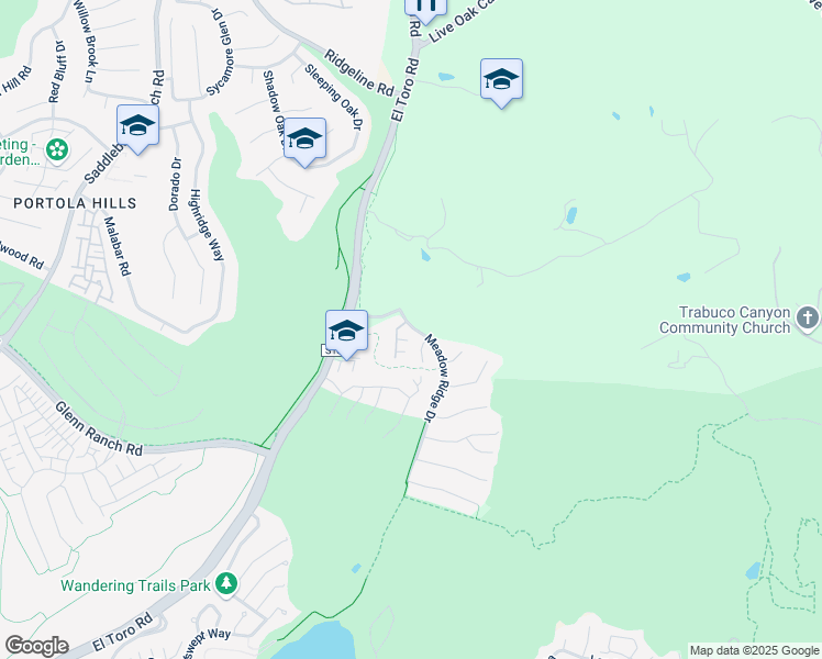 map of restaurants, bars, coffee shops, grocery stores, and more near 7 Mulberry Lane in Trabuco Canyon