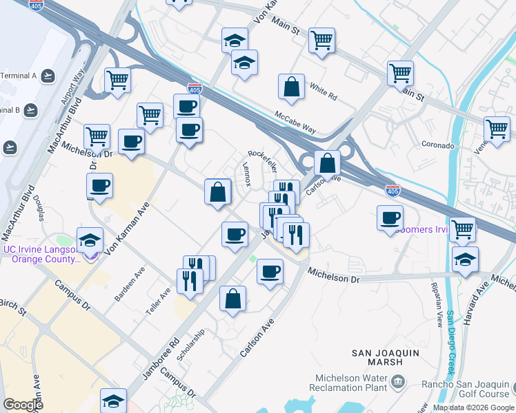 map of restaurants, bars, coffee shops, grocery stores, and more near 3710 Rivington in Irvine