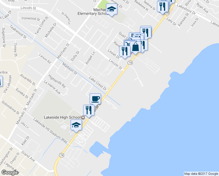 map of restaurants, bars, coffee shops, grocery stores, and more near 3496 Lake Crest Drive in Lake Elsinore