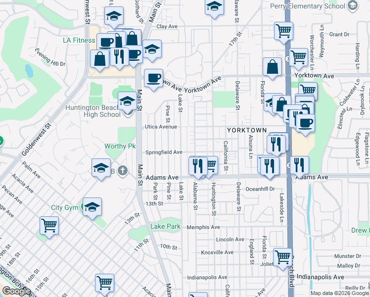 map of restaurants, bars, coffee shops, grocery stores, and more near 1806 Lake Street in Huntington Beach