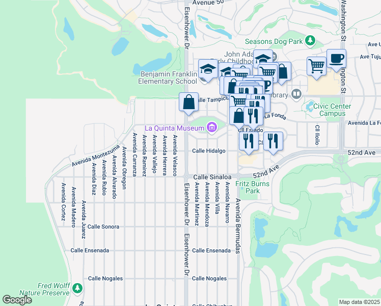 map of restaurants, bars, coffee shops, grocery stores, and more near 51610 Avenue Martinez in La Quinta