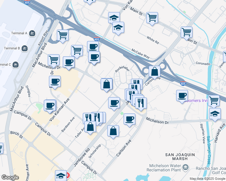 map of restaurants, bars, coffee shops, grocery stores, and more near 36 Soho in Irvine