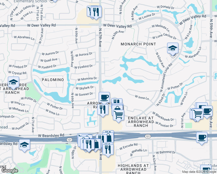 map of restaurants, bars, coffee shops, grocery stores, and more near 6618 West Tonopah Drive in Glendale