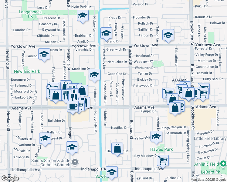 map of restaurants, bars, coffee shops, grocery stores, and more near 19852 Potomac Lane in Huntington Beach