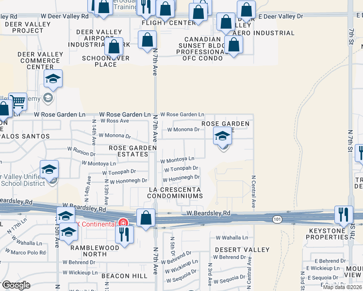 map of restaurants, bars, coffee shops, grocery stores, and more near 20626 North 5th Avenue in Phoenix