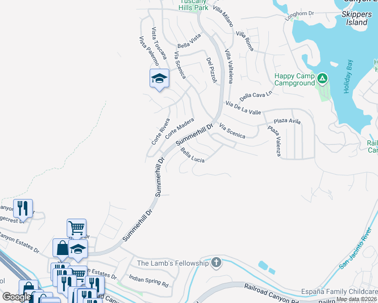map of restaurants, bars, coffee shops, grocery stores, and more near 10 Bella Lucia in Lake Elsinore