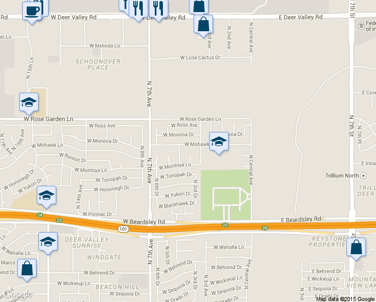 map of restaurants, bars, coffee shops, grocery stores, and more near 20601 North 5th Avenue in Phoenix