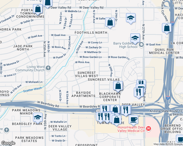 map of restaurants, bars, coffee shops, grocery stores, and more near 20455 North 31st Drive in Phoenix