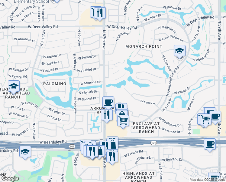 map of restaurants, bars, coffee shops, grocery stores, and more near 6618 West Tonopah Drive in Glendale