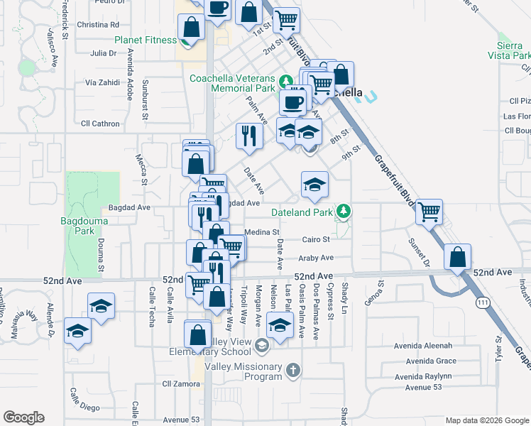 map of restaurants, bars, coffee shops, grocery stores, and more near 85275 Medina Street in Coachella