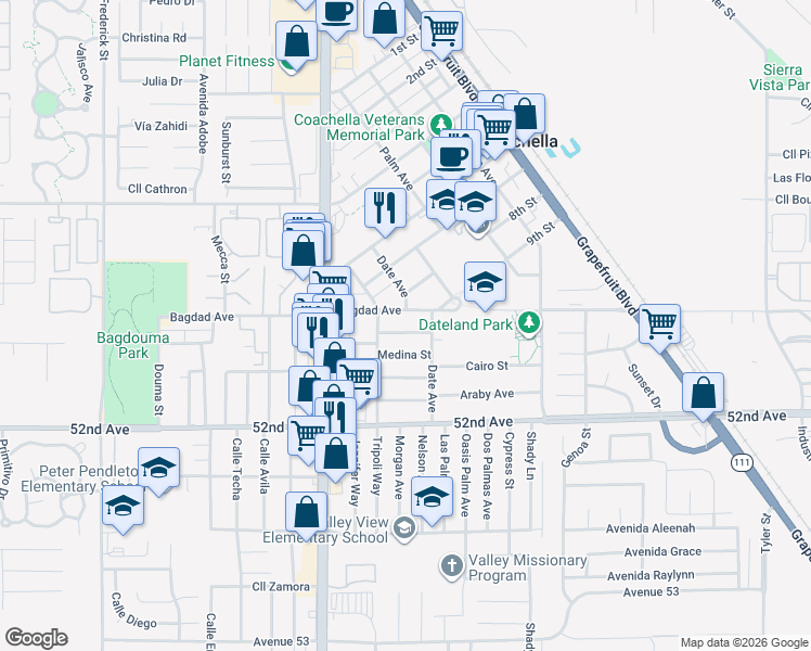 map of restaurants, bars, coffee shops, grocery stores, and more near 85275 Medina Street in Coachella