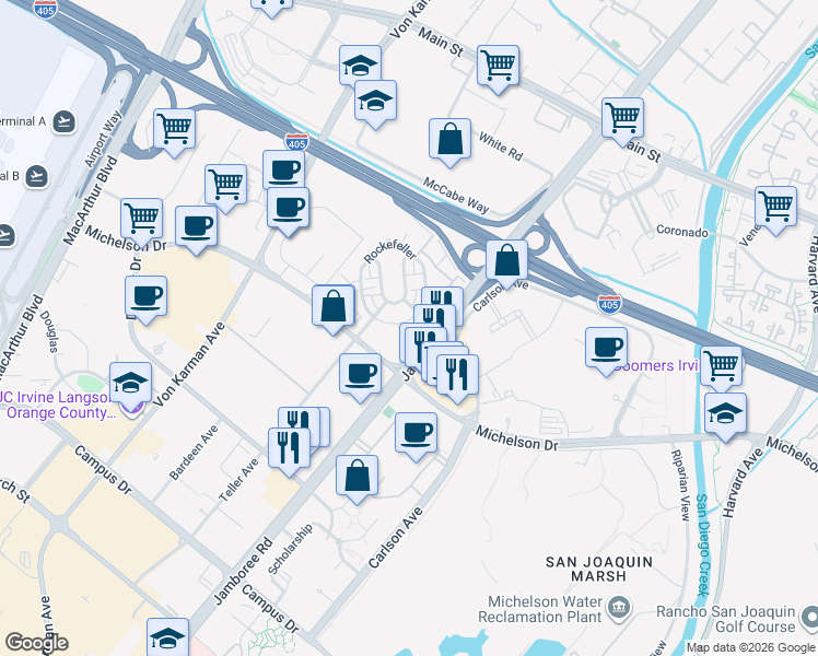 map of restaurants, bars, coffee shops, grocery stores, and more near 3710 Rivington in Irvine