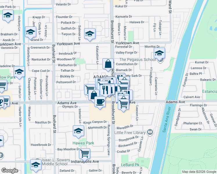 map of restaurants, bars, coffee shops, grocery stores, and more near 19881 Brookhurst Street in Huntington Beach