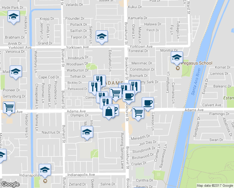 map of restaurants, bars, coffee shops, grocery stores, and more near 9861 Adams Avenue in Huntington Beach