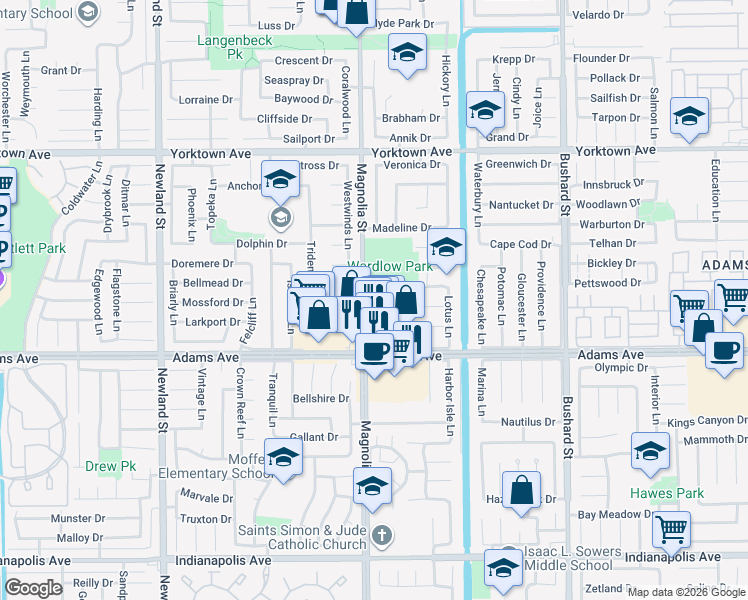 map of restaurants, bars, coffee shops, grocery stores, and more near 9003 Adams Avenue in Huntington Beach