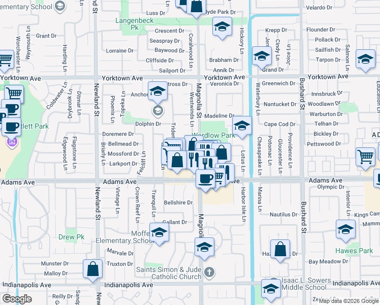 map of restaurants, bars, coffee shops, grocery stores, and more near 8911 Adams Avenue in Huntington Beach