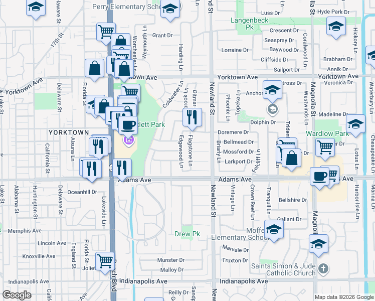 map of restaurants, bars, coffee shops, grocery stores, and more near 19902 Edgewood Lane in Huntington Beach