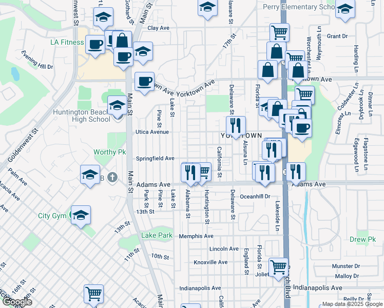 map of restaurants, bars, coffee shops, grocery stores, and more near 214 Springfield Avenue in Huntington Beach