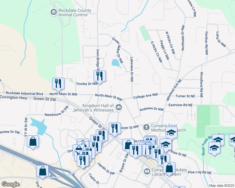 map of restaurants, bars, coffee shops, grocery stores, and more near 1045 North Main Street Northwest in Conyers