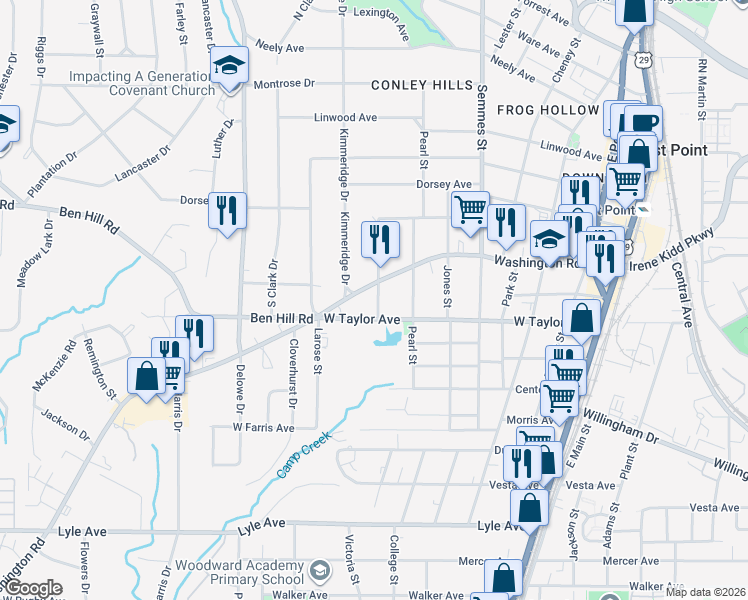 map of restaurants, bars, coffee shops, grocery stores, and more near 1912 West Taylor Avenue in East Point