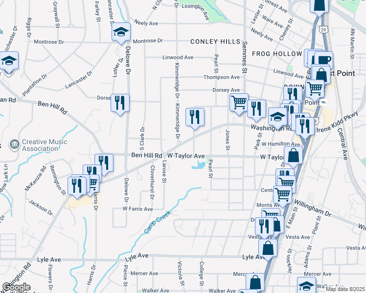 map of restaurants, bars, coffee shops, grocery stores, and more near 61 West Taylor Avenue in East Point