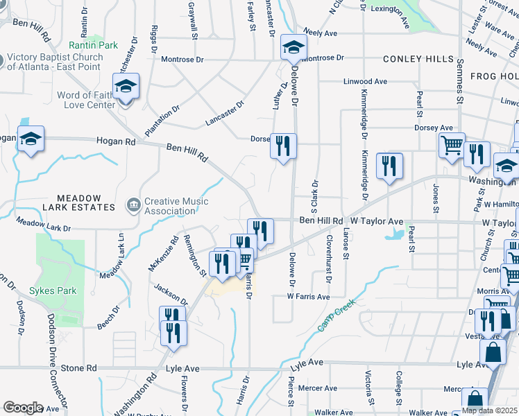 map of restaurants, bars, coffee shops, grocery stores, and more near 2163 Ben Hill Road in Atlanta