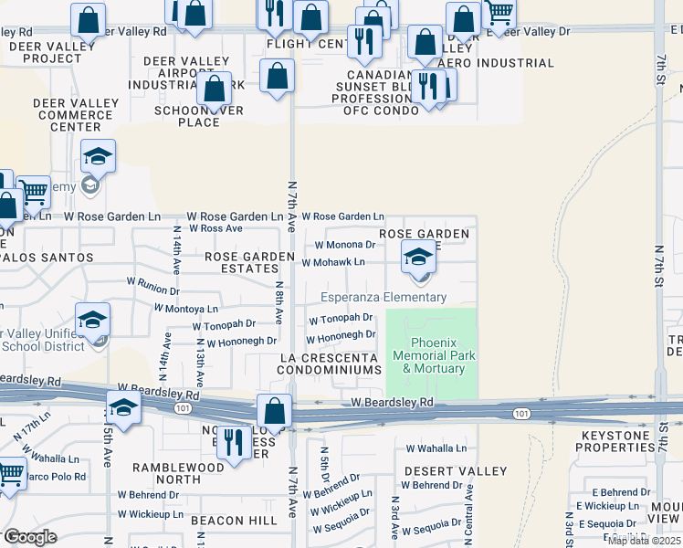 map of restaurants, bars, coffee shops, grocery stores, and more near 20626 North 5th Avenue in Phoenix