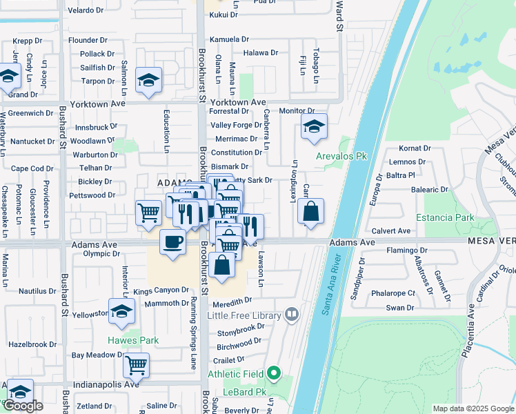 map of restaurants, bars, coffee shops, grocery stores, and more near 19858 Piccadilly Lane in Huntington Beach