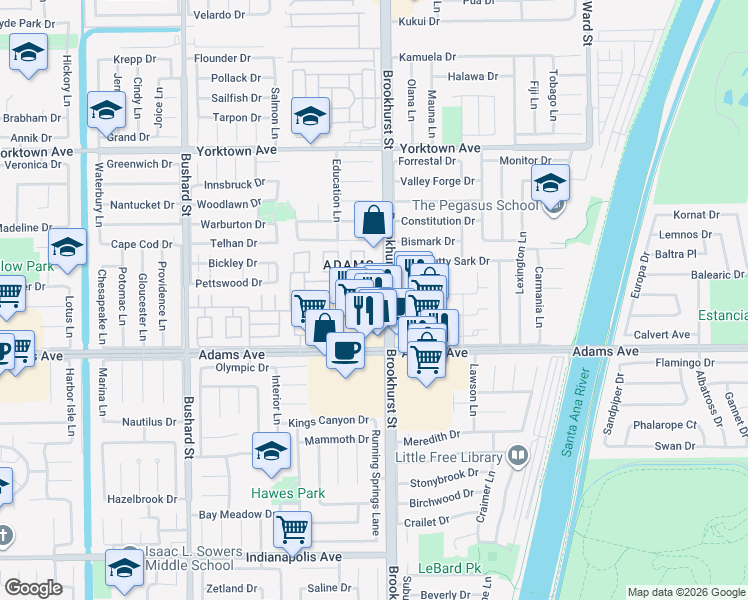 map of restaurants, bars, coffee shops, grocery stores, and more near 19881 Brookhurst Street in Huntington Beach