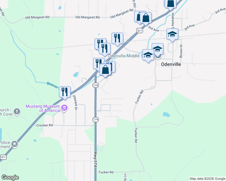 map of restaurants, bars, coffee shops, grocery stores, and more near 174 Stuart Drive in Odenville