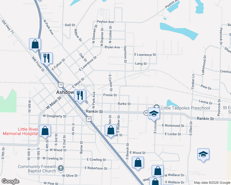 map of restaurants, bars, coffee shops, grocery stores, and more near 410 Burke Street in Ashdown