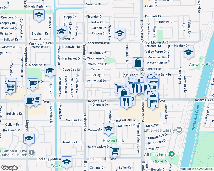 map of restaurants, bars, coffee shops, grocery stores, and more near 19854 Leighton Lane in Huntington Beach