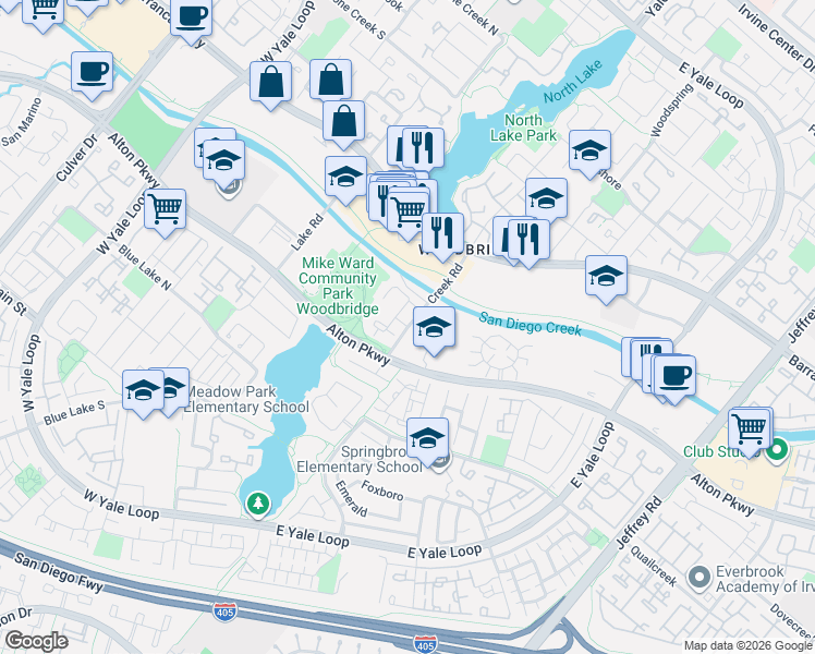 map of restaurants, bars, coffee shops, grocery stores, and more near 22 Creek Road in Irvine